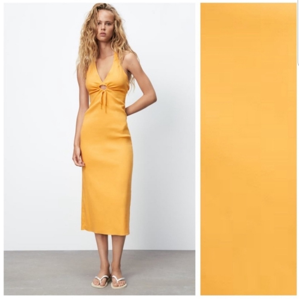 SOLD OUT! NWT Zara Linen Blend Halter Keyhole Cut-Out Midi Dress- Tangerine, M